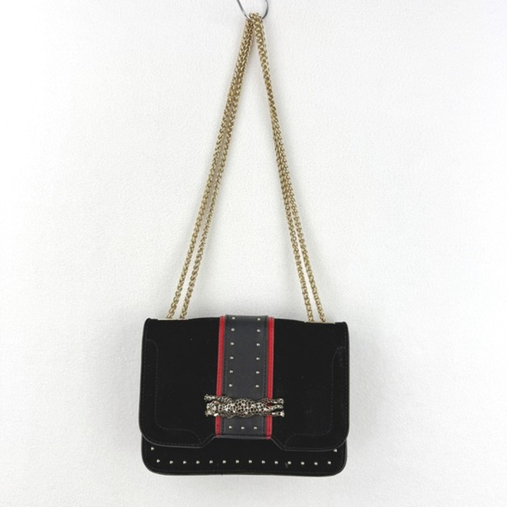 TOPSHOP Leopard Purse Bag Velvet Gold Chain Crossbody Black